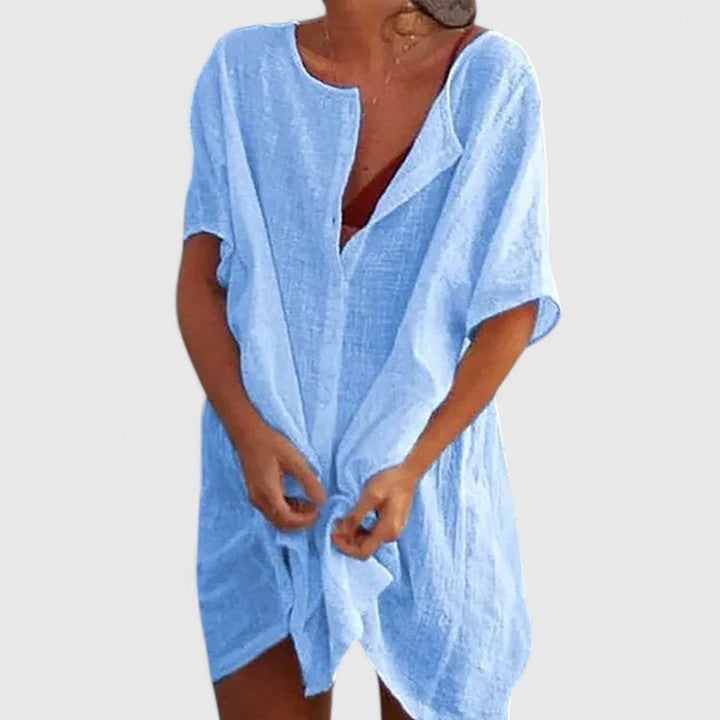 Celinda Marchbourne | White Linen Tunic Dress Short Sleeve