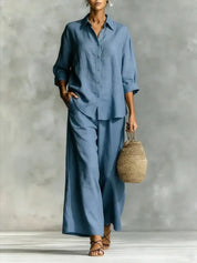 Scarlett Green | Pink Linen Two-Piece Shirt & Wide-Leg Pants Set For Women