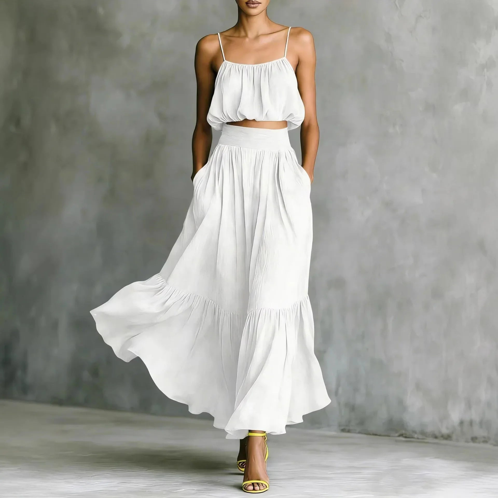 Valentina Greco | Olive Green Flowy Crop Top & Maxi Skirt Set For Women