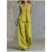 Margot Delacroix | Pleated V-Neck Wide-Leg Two Piece Set For Women