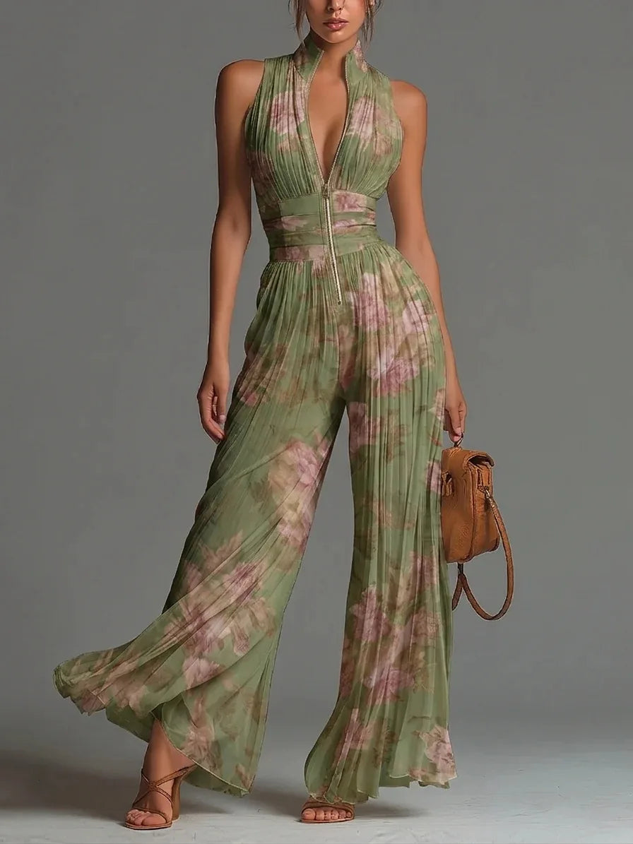 Hannah Clark | Floral Pleated Wide Leg Halter Jumpsuit For Women