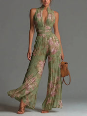 Hannah Clark | Floral Pleated Wide Leg Halter Jumpsuit For Women