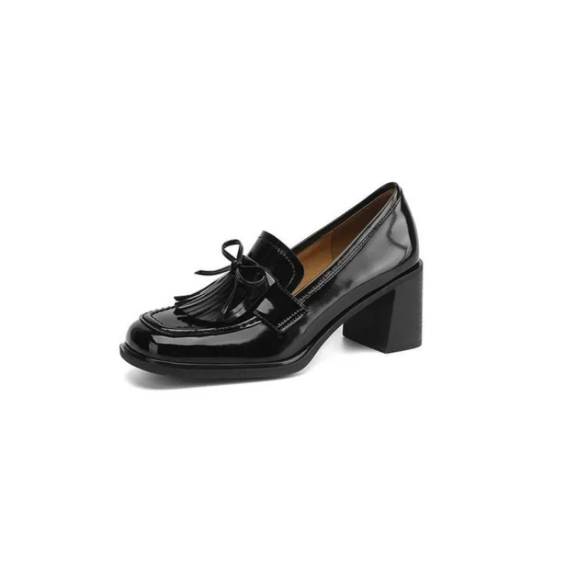 Leticia Beauvigne | Black Patent Tassel Loafer Block Heel Pump