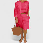 Thalia Renbourne | Coral Pink Linen Blazer & Shorts 2-Piece Set