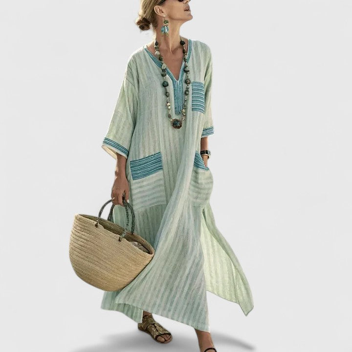 Solange Devereaux | Bohemian Maxi Dress in Cream Linen