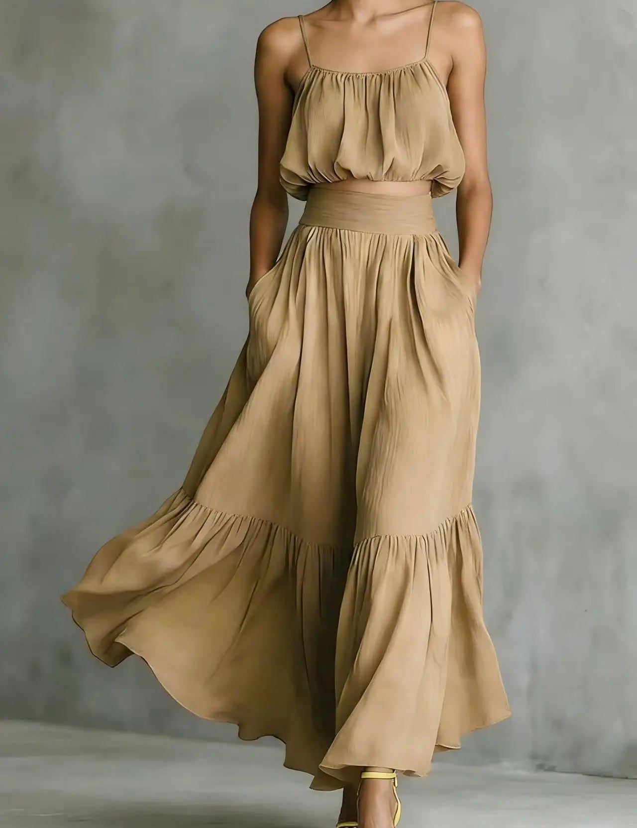 Valentina Greco | Olive Green Flowy Crop Top & Maxi Skirt Set For Women