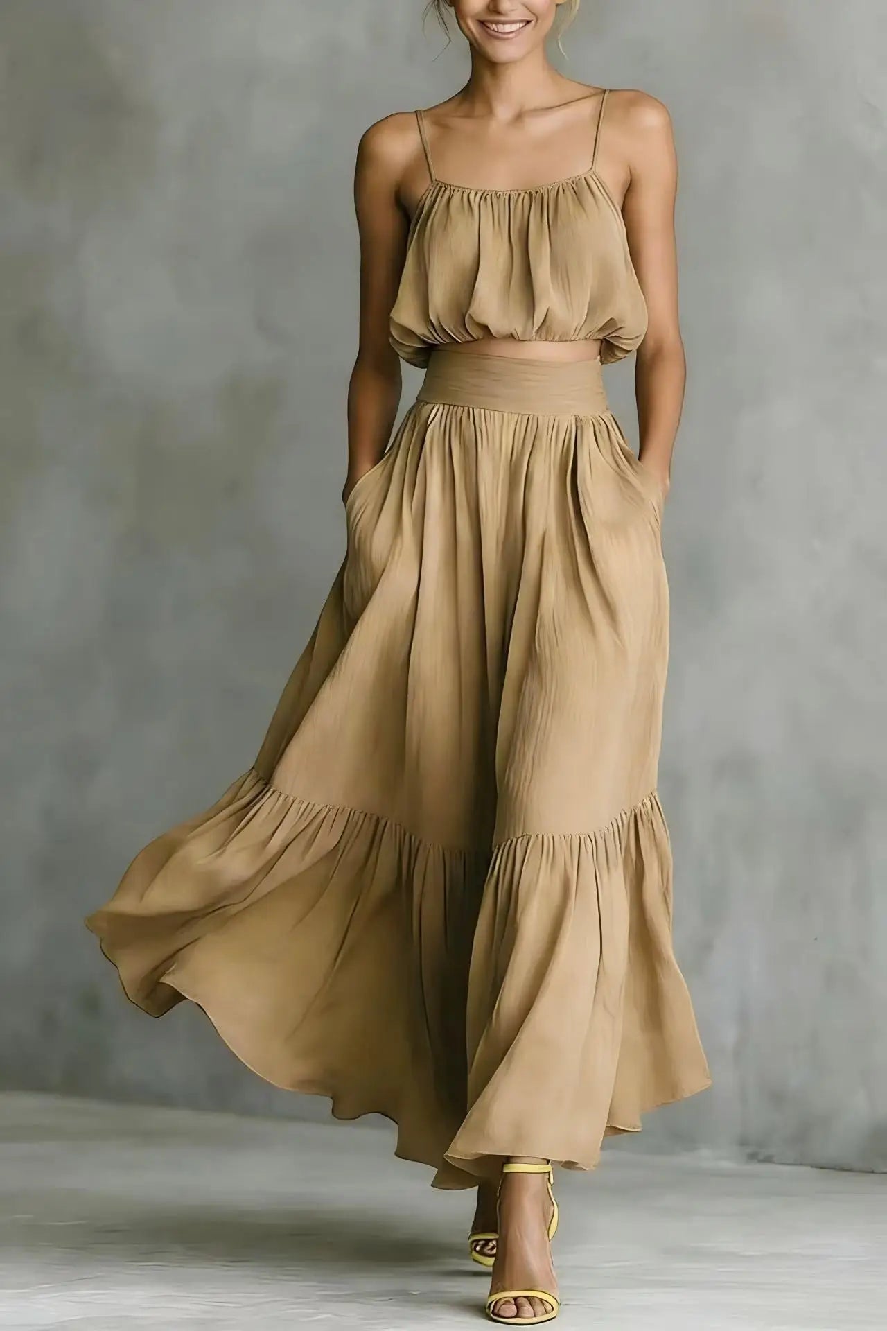 Valentina Greco | Olive Green Flowy Crop Top & Maxi Skirt Set For Women