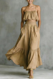 Valentina Greco | Olive Green Flowy Crop Top & Maxi Skirt Set For Women