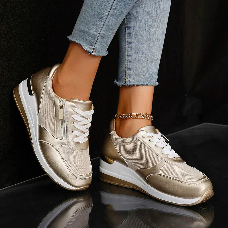 Elara Vanthorpe | Silver Metallic Platform Sneakers with Side Zipper