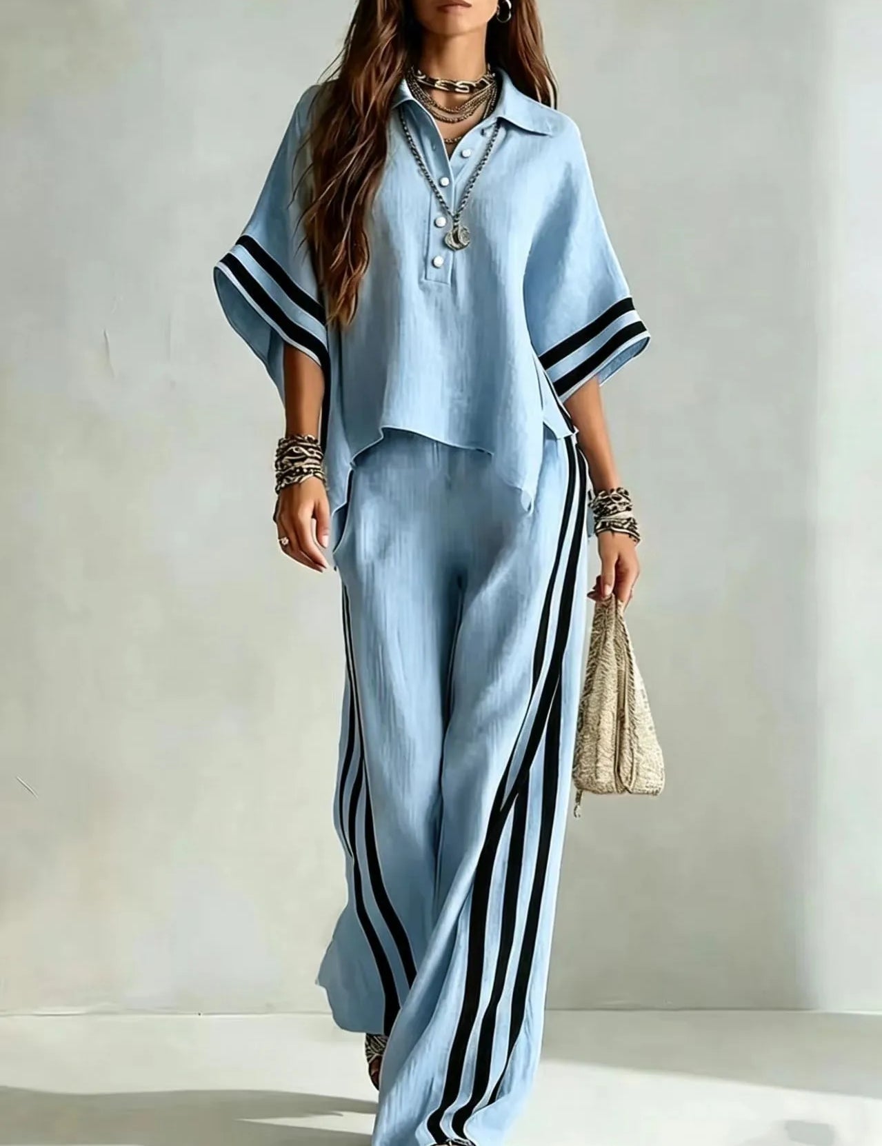 Renata Soleil | Khaki Striped Wide Leg Two-Piece Set For Women