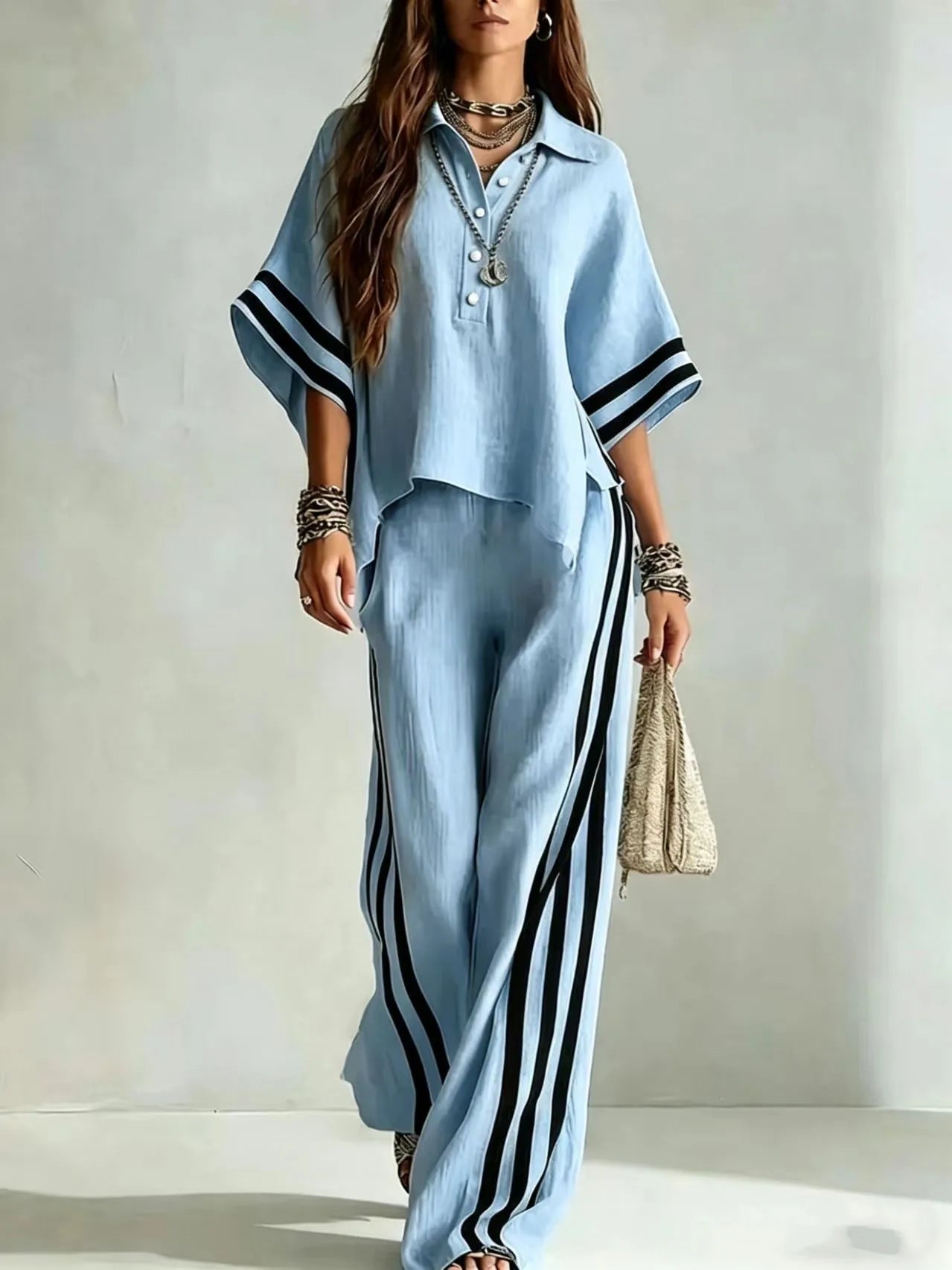 Renata Soleil | Khaki Striped Wide Leg Two-Piece Set For Women