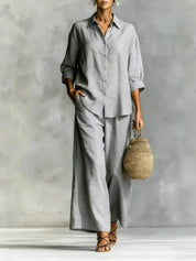 Scarlett Green | Pink Linen Two-Piece Shirt & Wide-Leg Pants Set For Women