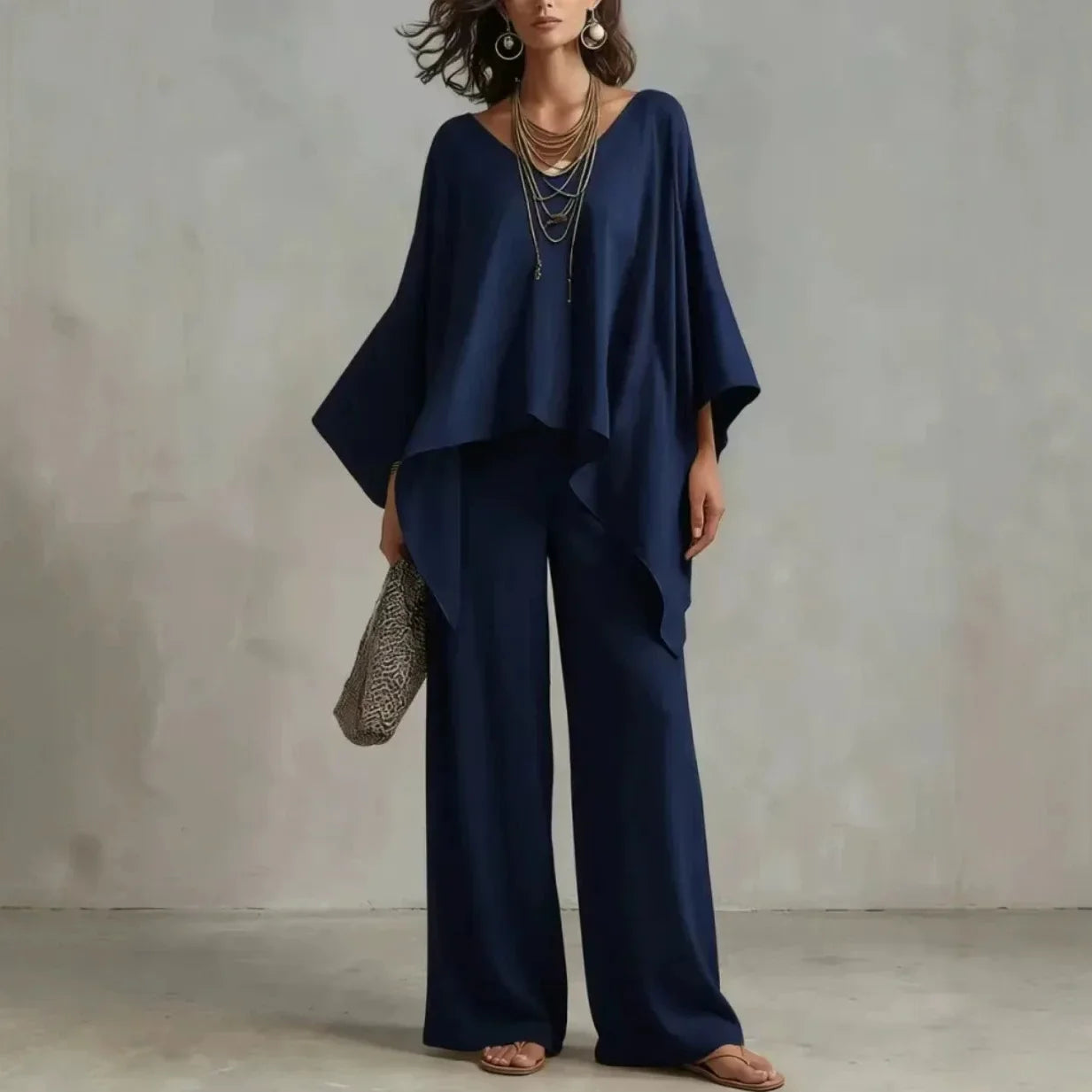 Vivienne Caldwell | Flowing Poncho Top & Wide Leg Pants Two-Piece Set For Women