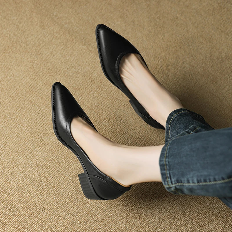 Marianne Delcourt | Beige Pointed Toe Block Heel Slip-On Pumps