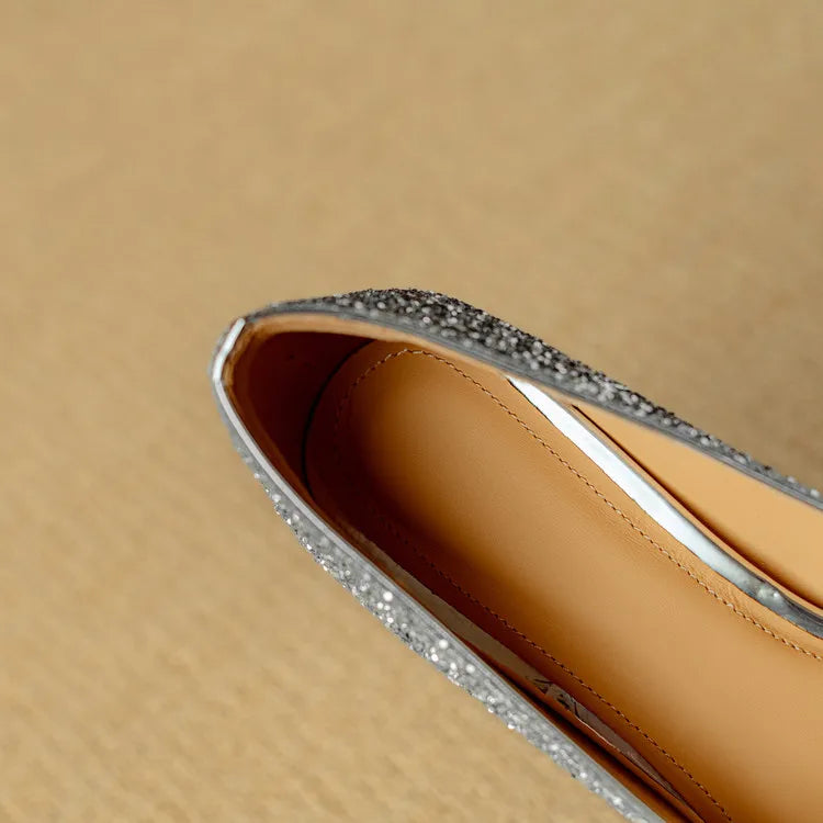 Clarisse Valenthorpe | Gold Glitter Block Heel Pumps with Crystal Buckle