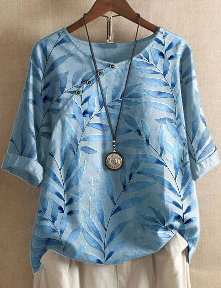 Riley Hall | Blue Leaf Print Linen Blouse with Rolled Sleeves