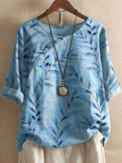 Riley Hall | Blue Leaf Print Linen Blouse with Rolled Sleeves