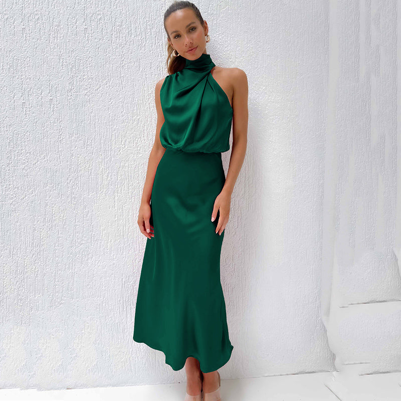 Seraffina Wolvecourt | Sage Green Satin Halter Midi Dress