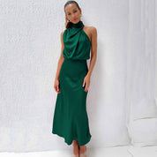 Seraffina Wolvecourt | Sage Green Satin Halter Midi Dress