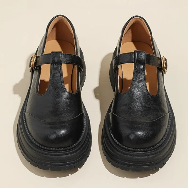 Clémence Fairweather | Brown T-Bar Mary Jane Shoes with Brogue Detail