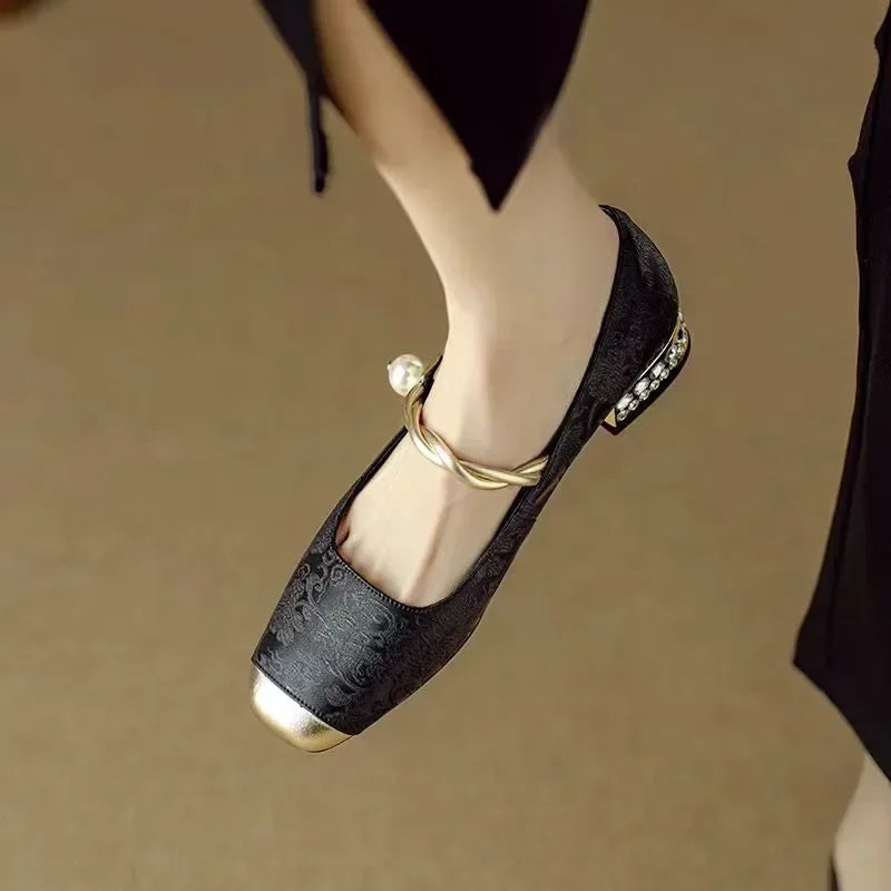Celestine Ashvale | Green Pearl Strap Mary Jane Low Block Heel