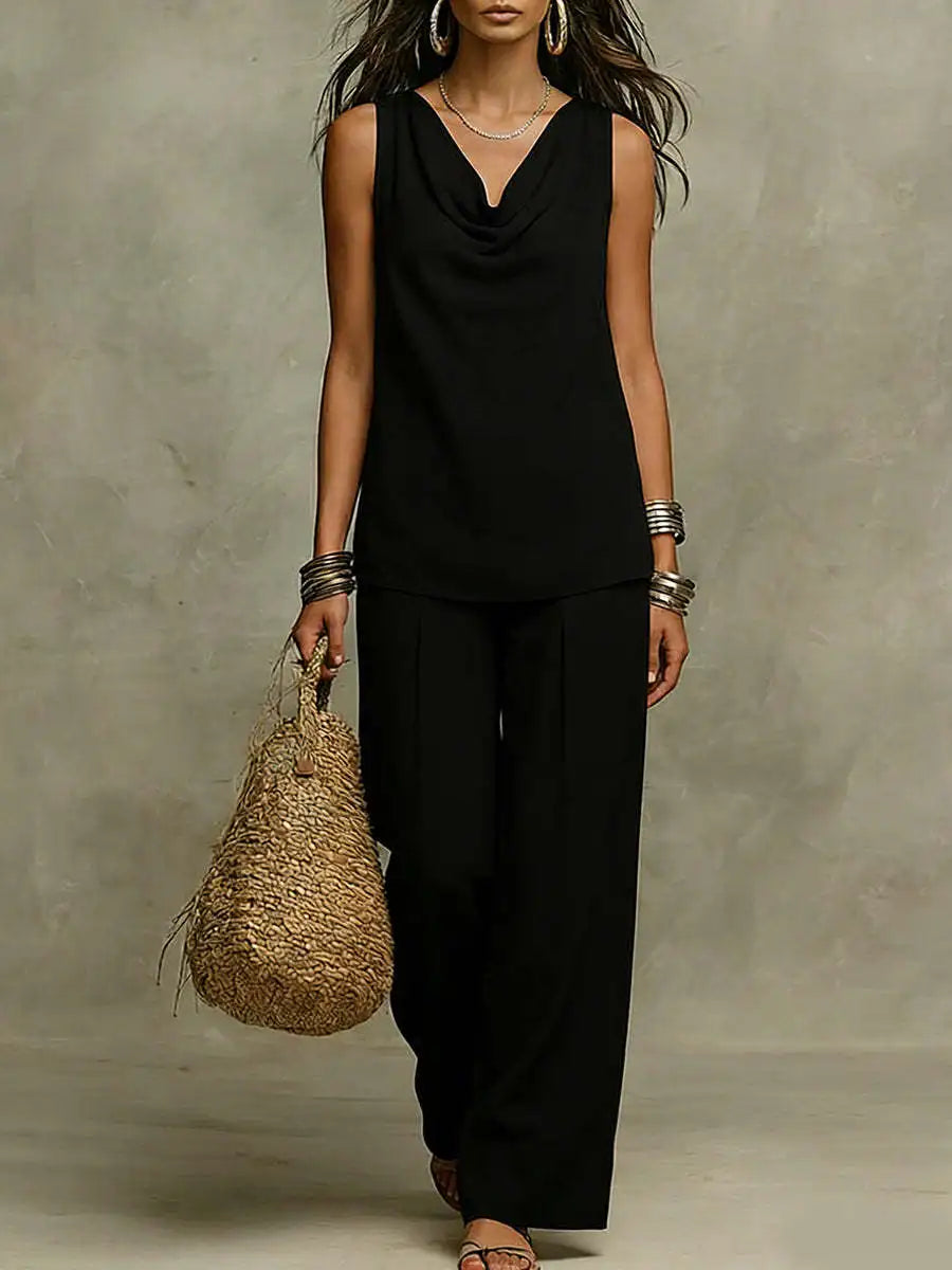 Aubrey Thompson | White Linen Two-Piece Set with Wide Leg Pants