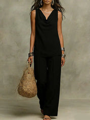Aubrey Thompson | White Linen Two-Piece Set with Wide Leg Pants