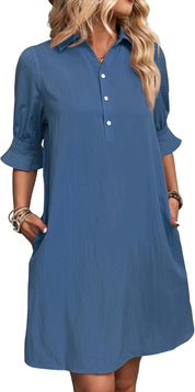 Cecile Wrenthorpe | Black Button-Down Shirt Dress with 3/4 Sleeves