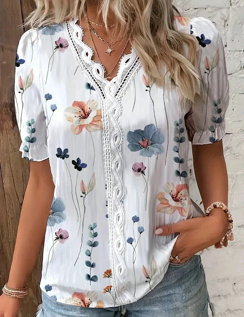 Penelope Hall | Floral Print V-Neck Blouse with Lace Trim