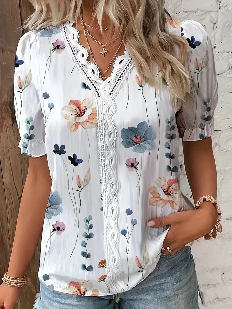 Penelope Hall | Floral Print V-Neck Blouse with Lace Trim