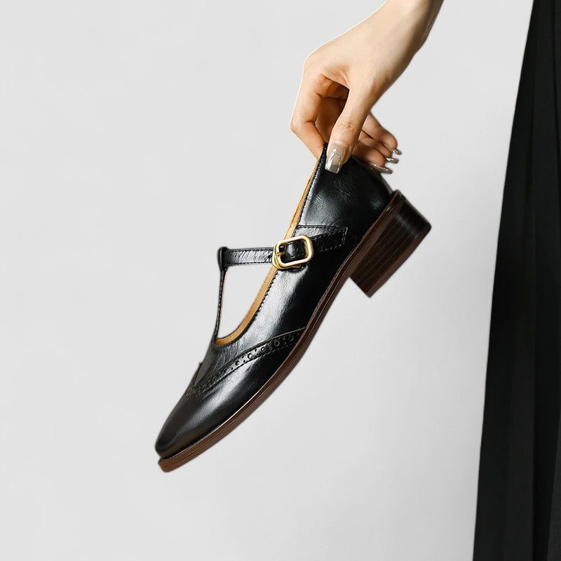 Celestine Browning | Cream Leather T-Strap Brogue Mary Jane Flats