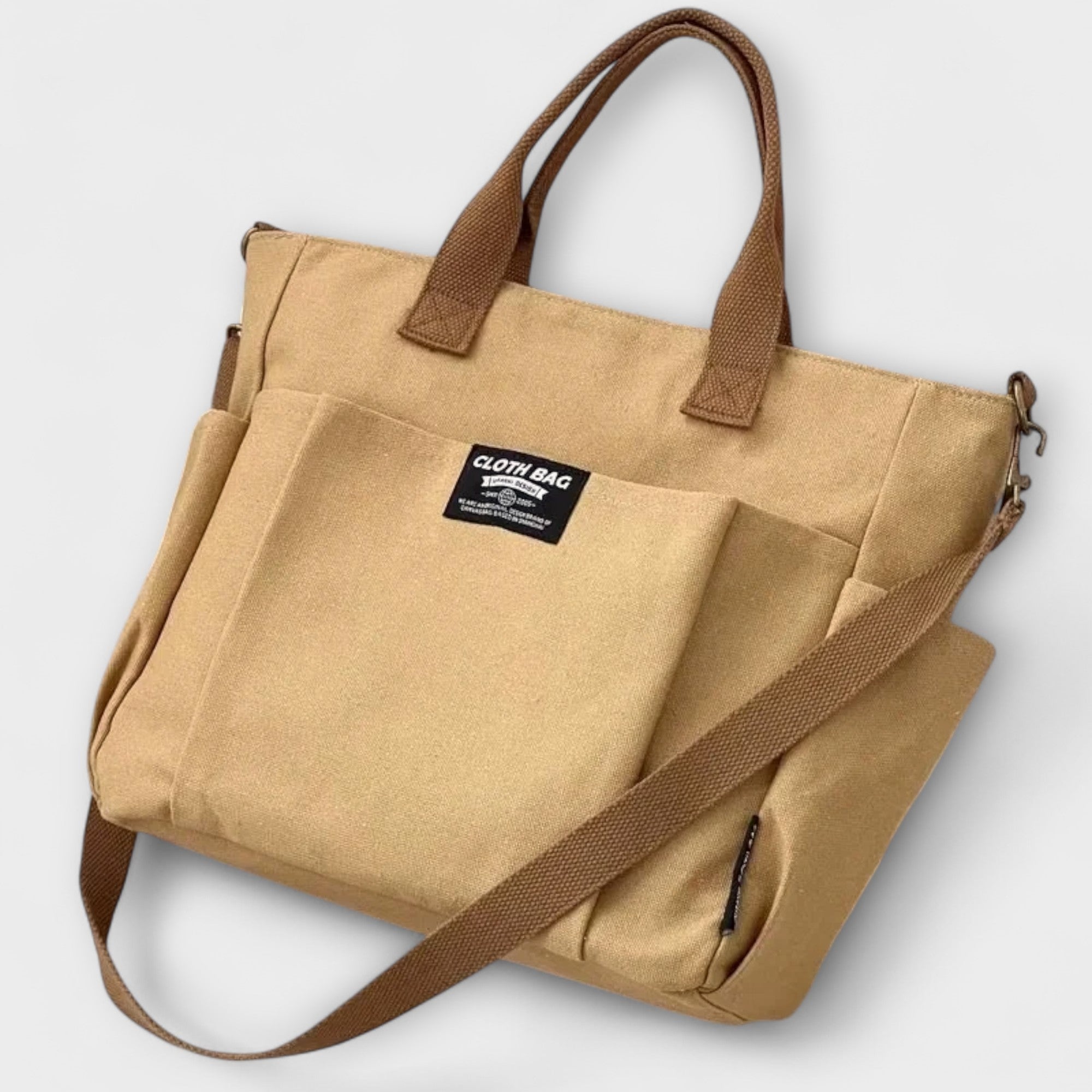 Margot Sinclair | Beige Canvas Tote Shoulder Bag with Multi-Pockets