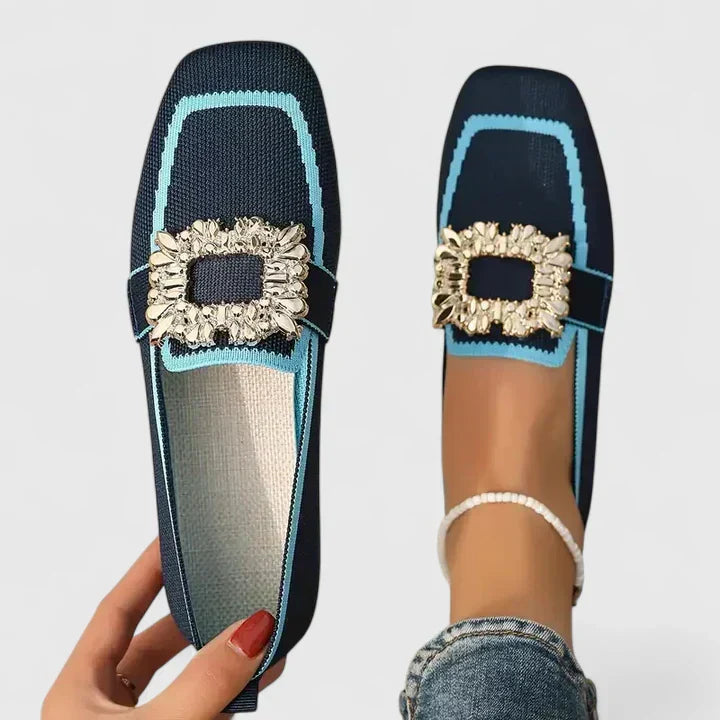 Celestine Hartbourne | Navy Knit Orthopedic Loafers with Jewel Buckle