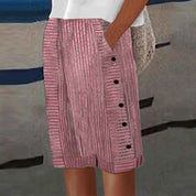 Florette Danbridge | Striped Linen-Cotton Cropped Shorts with Side Buttons