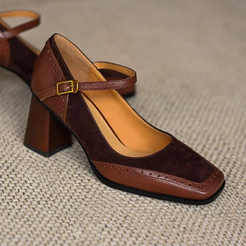 Clémence Beauvray | Brown Square Toe Block Heel Mary Jane Pumps