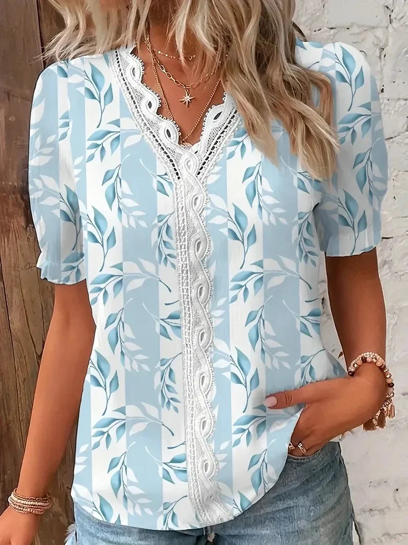 Penelope Hall | Floral Print V-Neck Blouse with Lace Trim