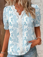 Penelope Hall | Floral Print V-Neck Blouse with Lace Trim