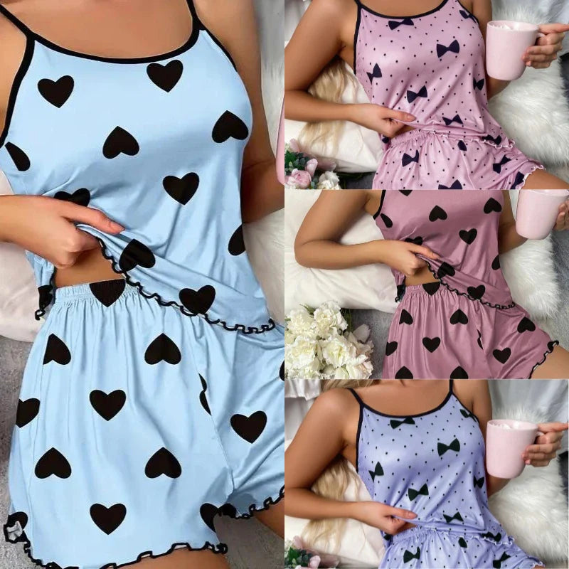 Colette Wyndvale | Heart Print Cami & Shorts Pajama Set in Blue