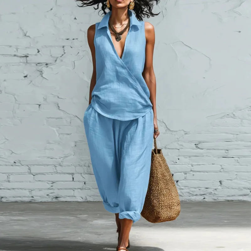 Noelle Fontana | Sleeveless Linen Two-Piece Matching Set For Women in Yellow