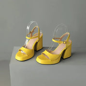 Celestine Brouvard | Yellow Patent Block Heel Sandals