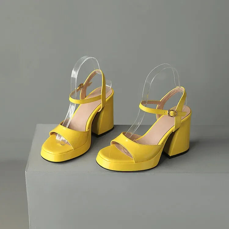 Celestine Brouvard | Yellow Patent Block Heel Sandals