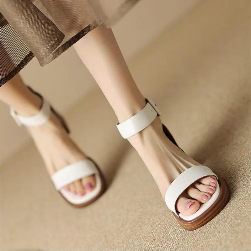 Emmeline Stanhope | Cream Block Heel Ankle Strap Sandals