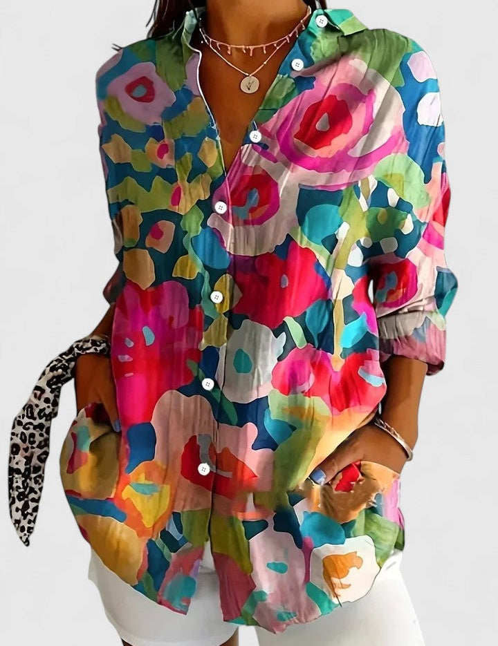 Celestine Beauvard | Colorful Floral Print Long Sleeve Blouse