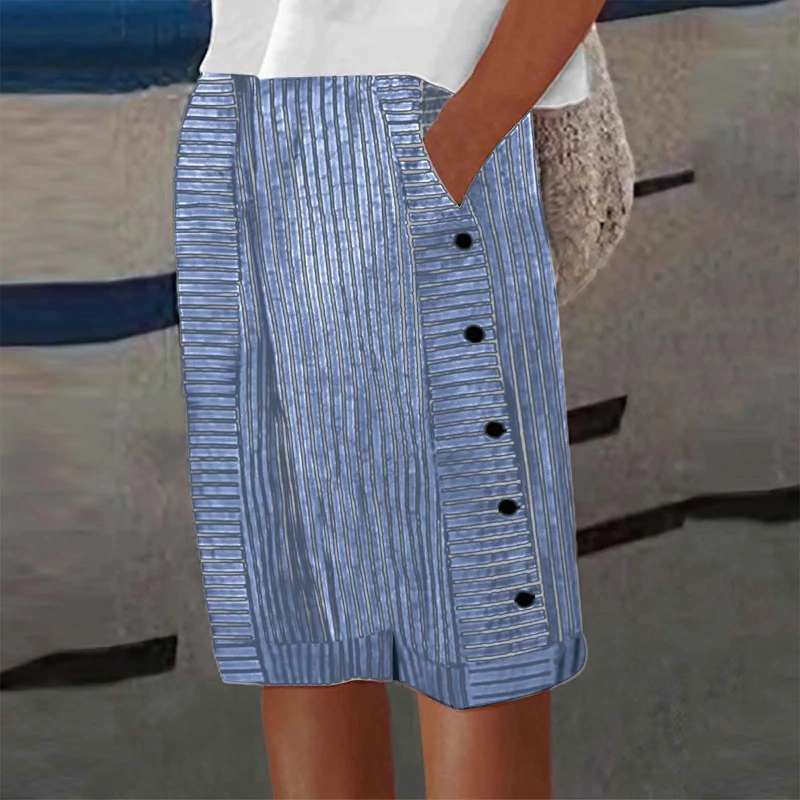 Florette Danbridge | Striped Linen-Cotton Cropped Shorts with Side Buttons