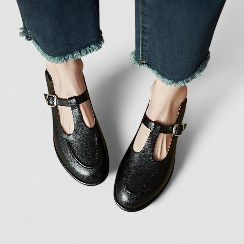 Marguerite Colville | Black Orthopedic T-Strap Low Heel Flat