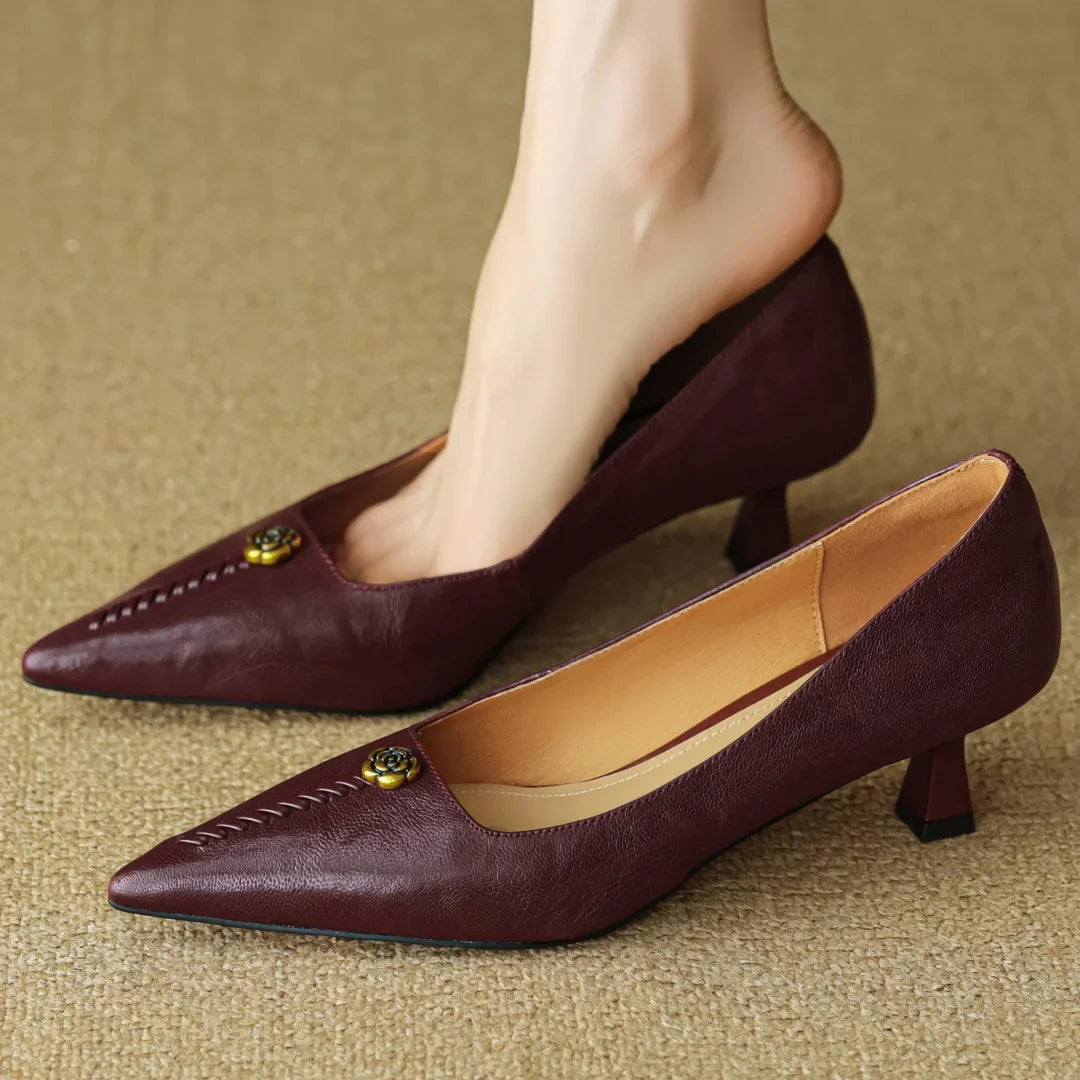 Violette Sanscourt | Burgundy Leather Pointed-Toe Heels with Gold Rose Detail