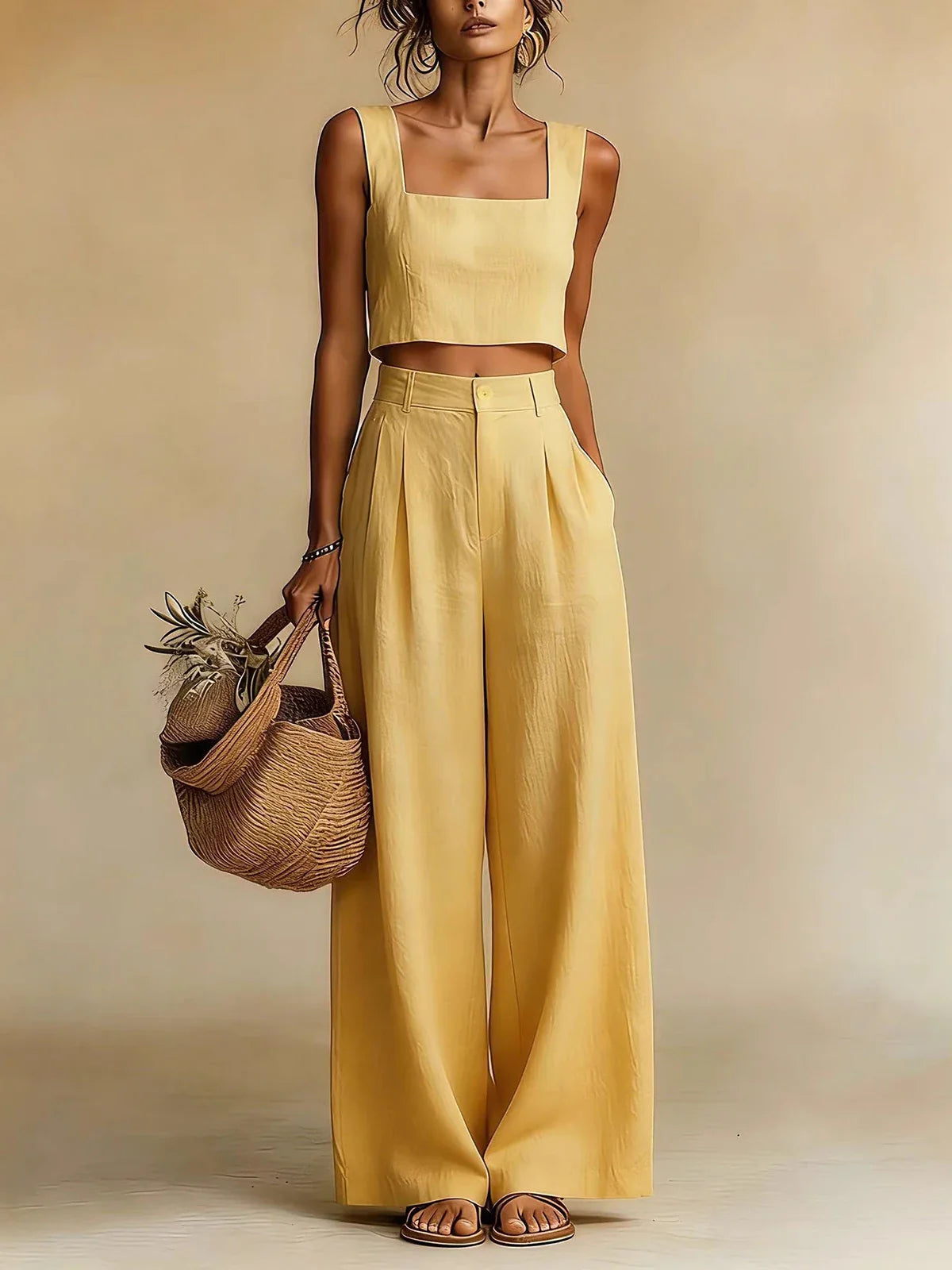 Harper Evans | Yellow Linen Crop Top & Wide Leg Palazzo Pants Set
