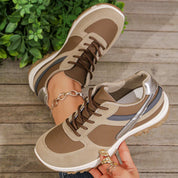 Florentine Ashdale | Leather Patchwork Platform Sneakers in Khaki