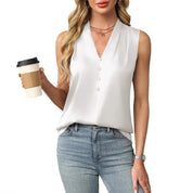 Zoey Anderson | Sleeveless Satin V-Neck Blouse in Camel