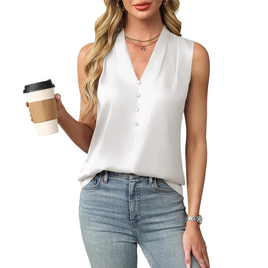 Zoey Anderson | Sleeveless Satin V-Neck Blouse in Camel